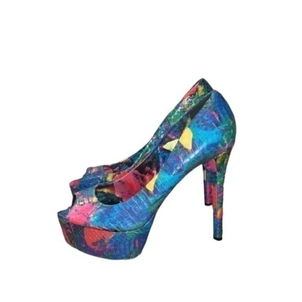 Brian Atwood Bambola Multicolored Snakeprint Peep‎ Toe Platform Heels Size 8.5